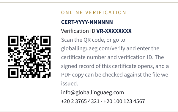 The online verification block of a certificate of translation accuracy: QR code, certificate number and verification ID